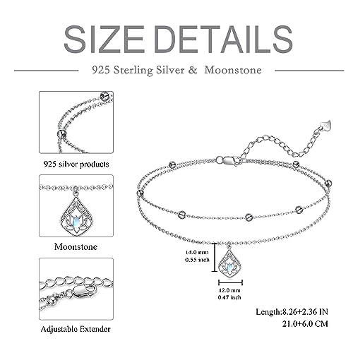 POPLYKE 925 Sterling Silver Double Layered Chain Evil Eye Daisy Sunflower Butterfly Anklets for Women Holiday Beach Crystal Ankle Bracelet Dainty Evil Eye Jewelry - style: Lotus Moonstone Anklet
