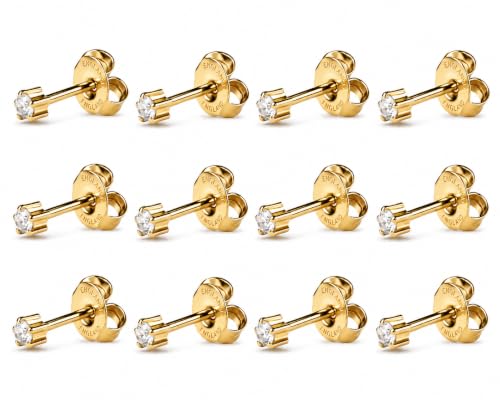 Caflon 12 Pairs April Birthstone Stud Earrings - Clear Crystal Clawset Studs, 3mm/4mm/5mm | 24K Gold Plated Stainless Steel | Hypoallergenic Nickel-Safe for Sensitive Ears | Bulk Value Pack & Gift - color: 24K Gold Plated, size: 4mm