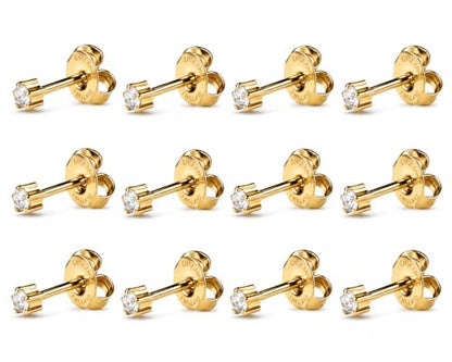 Caflon 12 Pairs April Birthstone Stud Earrings - Clear Crystal Clawset Studs, 3mm/4mm/5mm | 24K Gold Plated Stainless Steel | Hypoallergenic Nickel-Safe for Sensitive Ears | Bulk Value Pack & Gift - color: 24K Gold Plated, size: 4mm