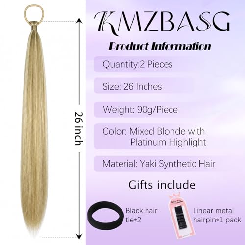 Ponytail Extension with Hair Tie DIY Braided Ponytail Extension for Woman 2 PCS Warp Around Yaki Straight Sleek Hairpieces Light and Soft Fluffy Stayle Ponytail for Women Daily Party Use - color: Mixed Blonde with Platinum Highlight