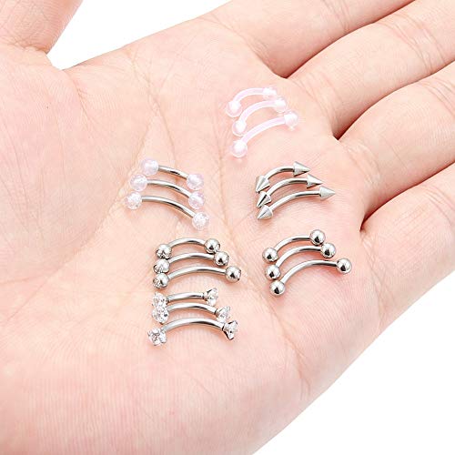 Lcolyoli 18pcs 16G Clear Bioflex Acrylic & Stainless Steel Eyebrow Barbell Rook Daith Earrings Belly Studs Cartilage Tragus Barbell Body Piercing Jewelry Retainer 6mm 8mm 10mm - color: A:18pcs/silver-tone