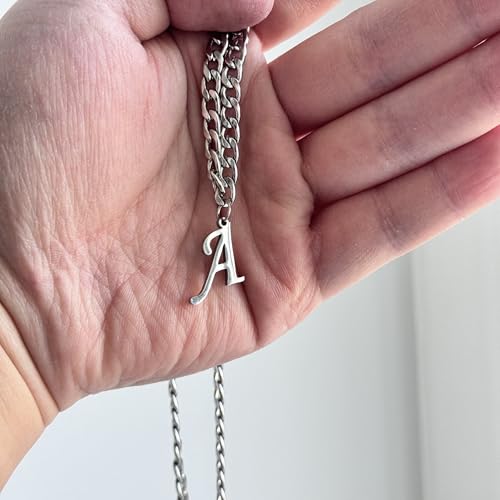 Stainless Steel Initial A-Z Necklace for Men Women,Cuban Chain,Titanium Steel Initial Letter Pendant Charm Necklaces Accessories Jewelry for Woman Man,21 Inch Chain - color: A