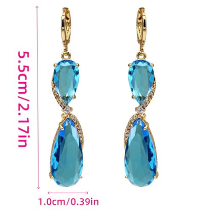 18K Gold Plated Flower Dangle Earrings for Women, Hypoallergenic Cubic Zirconia Earrings, Elegant CZ Drop Earrings, Statement Jewelry Gifts Party Fashion - style: OBS7507-Blue