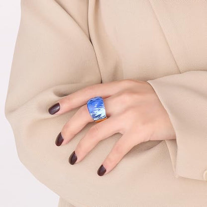 Crystal Glass Stainless Steel Band Ring Gold-Tone Plated Fashion Exaggerated Cubic Zirconia Rings Women's Stunning Large Statement Rhinestone Bands Cocktail Party Ring for Ladies Birthday - color: Blue, size: 10