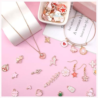 MARFOREVER 120 Pcs Pink Charms for Jewelry Making | Assorted Gold Enamel Pink Pendants, Mixed Theme Flowers Heart Fruit Moon Star Dangle Charms, Bracelet Necklace Earrings Craft