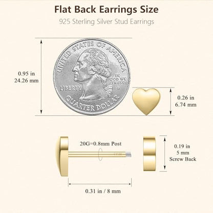 JIAYIQI Minimalist 925 Sterling Silver Stud Earrings Set, 14K Gold Plated Hypoallergenic Tiny Bar Dot Heart Star Studs for Women & Men - style: Gold-Heart-Flatback-1 Pair