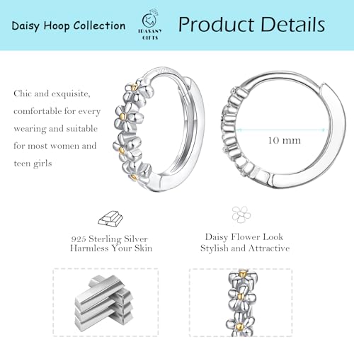 Sterling Silver Hoop Earrings for Women, Dainty Small Huggie Hoop Earrings | Hypoallergenic Daisy Color Cubic Zirconia Flower Hoops Earring Jewellery Gifts for Ladies Birthday Wedding, 12mm Hoop - color: Yellow-dot