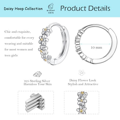 Sterling Silver Hoop Earrings for Women, Dainty Small Huggie Hoop Earrings | Hypoallergenic Daisy Color Cubic Zirconia Flower Hoops Earring Jewellery Gifts for Ladies Birthday Wedding, 12mm Hoop - color: Yellow-dot