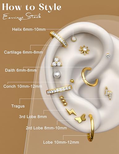 Flat Back Gold Earrings for Women Trendy Hypoallergenic Surgical Steel Earrings for Sensitive Ears-20G Cartilage Earring Stacks 14K Gold Plated Small Flatback Stud Hoops Cartilage Earring Set - color: 14K Gold Plated