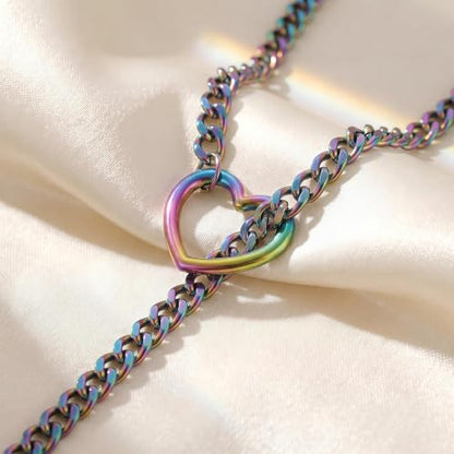 Slip Chain Choker for Women Handmade Black Stainless Steel Cuban Chain Chunky Moon Bat Raven Skull Pendant Gothic Punk Rock Collar Adjustable Lariat Y Necklace for Men - style: Rainbow Heart