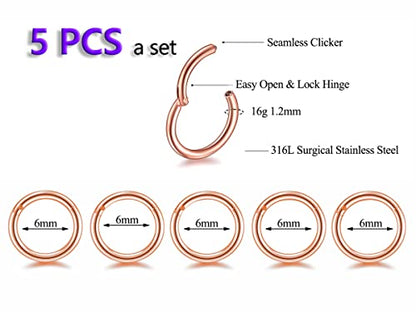 5Pcs 16G 18G Surgical Steel Nose Rings Hoop Tragus Septum Cartilage Hoop Earrings For Women Men Body Piercing Jewelry Kit Bar Length 6mm/8mm/10mm/12mm/14mm - style: 5Pcs -16G - Rose Gold - 6mm