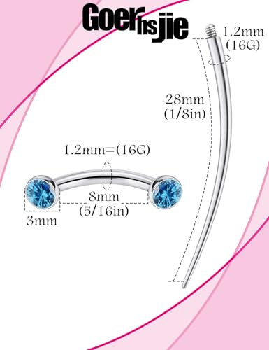 F136 Titanium 16g 6/8/10mm Eyebrow/Rook/Snug/Vertical-Labret/VCH/Snake-Eyes/Anti-Tragus/Christina/Daith/Belly-Button/Bridge/Hood/Surface Curved Barbell Piercing Jewelry for Women Men - color: Ocean Blue, size: 8 mm (5/16 in)