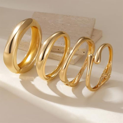 4 Pcs Chunky Gold Jewelry Set for Women, 14K Gold Plated Cuff Choker Collar Necklace, Teardrop Drop Earrings, Teardrop Wrap Ring, Hinged Cuff Bangle Bracelets, Statement Fashion Jewelry - color: 4 Pcs Gold Bracelet Set A