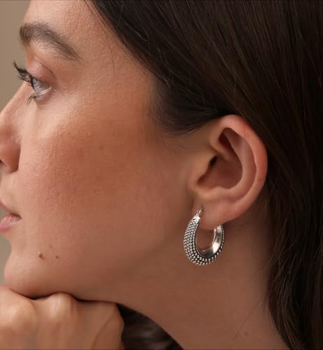 LeCalla 925 Sterling Silver Bali-Style Hoop Earrings Lightweight Click-Top Antique Two-Tone Beaded Italian Bali Style Earring Hoops for Women - style: Oval Beaded