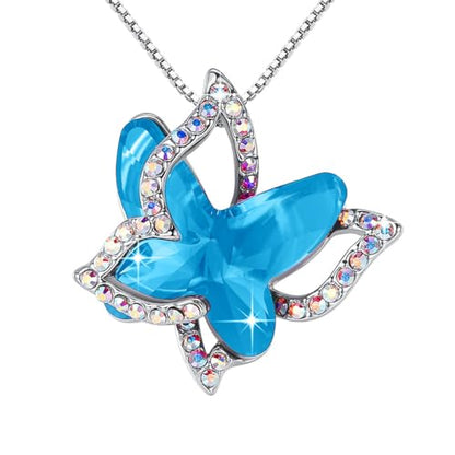 Butterfly Necklace, Birthstone Crystal, for Women, Silver Tone Pendant Jewelry, Anniversary Birthday Gift for Her, Wife & Mom, 18"+2" - color: 12a-December Birthstone - Aquamarine Blue Crystal