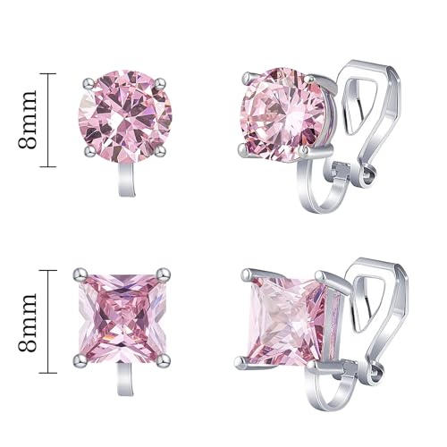 YOQUCOL 2 Pairs 8MM Cubic Zirconia Crystal Clip On Stud Earrings Non Pierced Stud Earrings For Women - color: Pink
