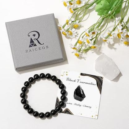 Raicegs 4 6 8MM Beaded Bracelets Healing Crystal Bracelet for Women Men Natural Stone Handmade Stretch Bracelet Reiki Spiritual Jewelry - color: Black Tourmaline, size: 10mm