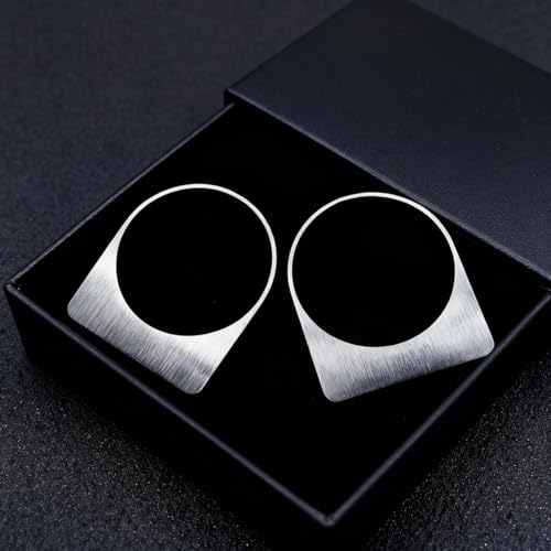 Large Earrings for Women Statement, Chunky Hoop 14k Gold Plated Big Geometric Hollow Brushed Metal Drop Dangle Studs Stainless Steel Jewelry for Womens Gift Christmas - color: Silver
