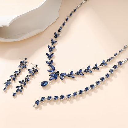EVER FAITH Marquise Crystal Leaf Bridal Prom Jewelry Set for Women Bride | Rhinestone Wedding Party Necklace Dangle Earrings Tennis Bracelet, for Bridesmaid - color: Sapphire Blue