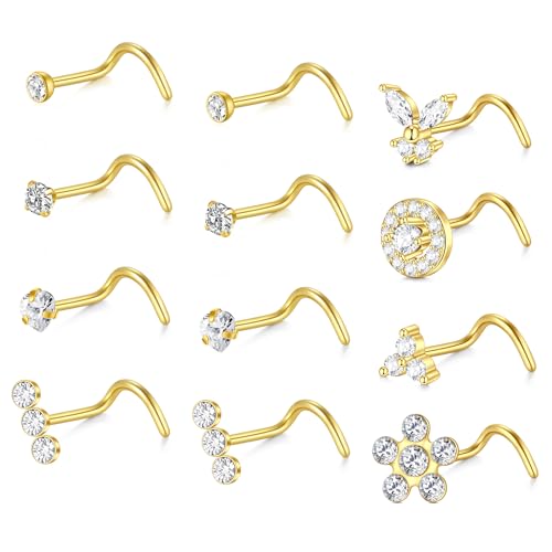 Briana Williams Nose Studs Nose Rings for Women 18G 20G Corkscrew Nose Ring Stainless Steel Nose Screw Studs Nose Rings Studs Surgical Steel Nostril Nose Piercing Jewelry - color: D -20g, Gold