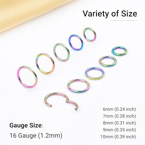 LEE&RO 16G 6MM 7MM 8MM 9MM 10MM Hinged Clicker Septum Rings 16G Nose Hoop Tragus Helix Cartilage Hoop Earrings - color: rainbow