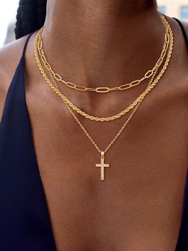 Layered Gold Cross Necklaces for Women, Stack Stackable 14K Gold/Silver Plated Cubic Zirconia Pendant Necklace Set Dainty Choker Layering Necklaces for Women Faith Jewelry Religious Gift - style: Gold-CZ-2