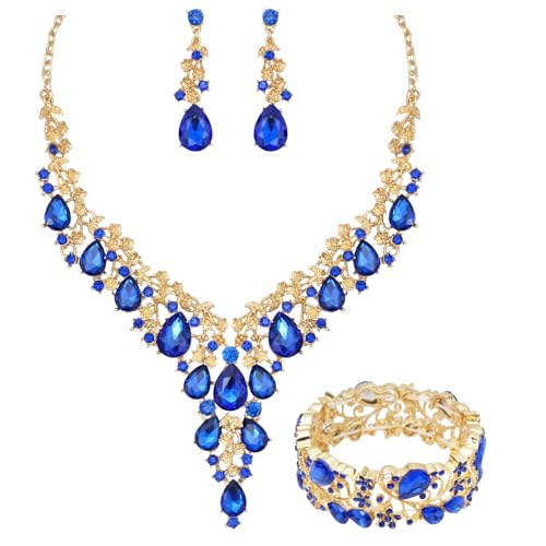 CSY Elegant Crystal Costume Jewelry Sets Flower Bridal Necklace Earrings Stretch Bangle Set for Bride Bridesmaid Wedding Dress Accessories - color: Sapphire blue-gold tone