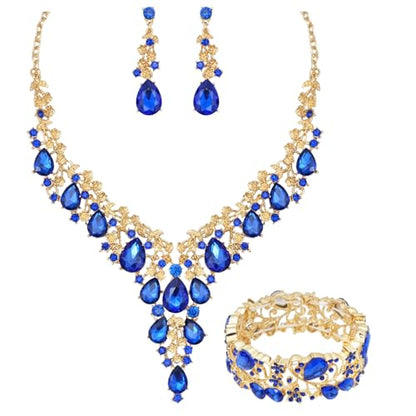 CSY Elegant Crystal Costume Jewelry Sets Flower Bridal Necklace Earrings Stretch Bangle Set for Bride Bridesmaid Wedding Dress Accessories - color: Sapphire blue-gold tone