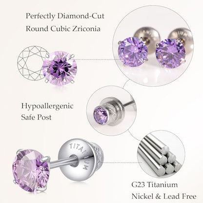 Limerencia Birthstone Screw Back Earrings G23 Implant Grade Titanium Stud Earrings Hypoallergenic Cubic Zirconia Posts Studs Jewelry Gifts for Girls Sensitive Ears - color: February