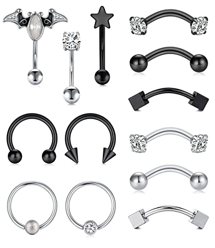 Anicina Rook Curved Barbell Piercing Jewelry Surgical Steel Rook Earrings Eyebrow Rings for Women Horseshoe Rook Eyebrow Septum Piercing Hoop 16G Silver Black - color: A1- black silver- 10mm