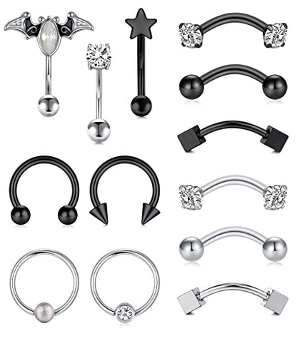 Anicina Rook Curved Barbell Piercing Jewelry Surgical Steel Rook Earrings Eyebrow Rings for Women Horseshoe Rook Eyebrow Septum Piercing Hoop 16G Silver Black - color: A1- black silver- 10mm