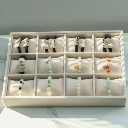 Jewelry Watch Tray, Beige Velvet Watch Jewelry Organizer 12 Grid, Stackable Watch Bracelet Bangle Display Holder, Adjustable Pillows, for Man Woman Show Birthday - color: Beige