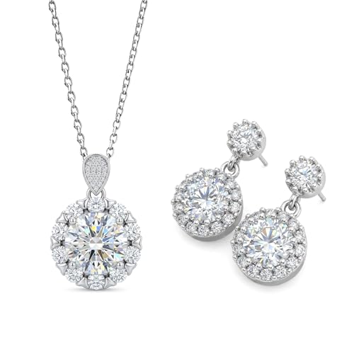 CZ Necklace and Stud Earrings Set for Women, 2PCS | Cubic Zirconia, Matching Jewelry Set, Dainty Sparkling, Daily Wear - color: 1CT+5CT Sunburst Huggie Set