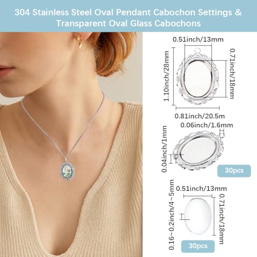 Beebeecraft 30 Sets Pendant Cabochon Settings, 304 Stainless Steel Silver Oval Bezel Pendant Blanks Settings with 18mm Oval Glass Cabochons Dome Tiles Trays Photo Charms for Wedding Bouquet