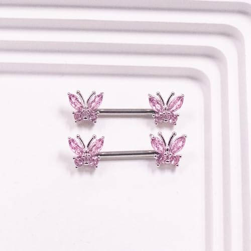VERAMI 14G Stainless Steel Heart Nipple Rings and Barbell - Butterfly, Starlight Acrylic Ball, Tongue Rings for Women and Men - color: PINK BUTTERFLY