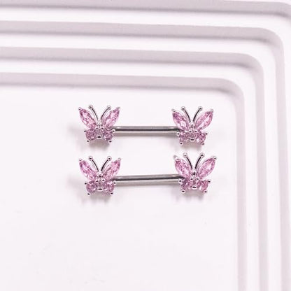 VERAMI 14G Stainless Steel Heart Nipple Rings and Barbell - Butterfly, Starlight Acrylic Ball, Tongue Rings for Women and Men - color: PINK BUTTERFLY