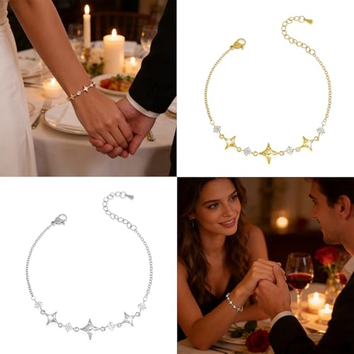 Sonateomber Dainty Gold Silver Star Bracelets for Women, Sparkly Trendy CZ Rhinestone Adjustable Link Chain Elegant Cute Celestial Bracelet Prom Wedding Accessories Fashion Jewelry Gift - color: Silver