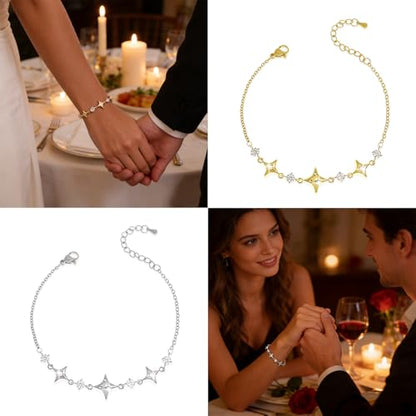 Sonateomber Dainty Gold Silver Star Bracelets for Women, Sparkly Trendy CZ Rhinestone Adjustable Link Chain Elegant Cute Celestial Bracelet Prom Wedding Accessories Fashion Jewelry Gift - color: Silver