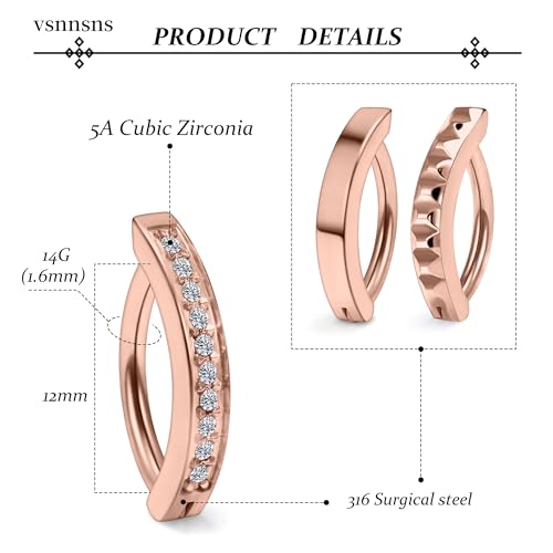 Vsnnsns 14G Clicker Belly Button Ring Piercing Jewelry 316L Stainless Surgical Steel Diamond CZ Navel Rings Clear CZ Clip Belly Button Ring Piercing Jewelry for Women Men 14 Gauge 10MM 12MM - color: 12MM-Rose Gold