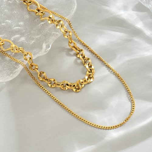 18K Gold Plated Layered Herringbone Necklaces for Women Dainty Layering Beaded Snake Chain Choker Moon Coin Pendant Necklace Trendy Stainless Steel Jewelry - color: Double Cuban Link-Gold