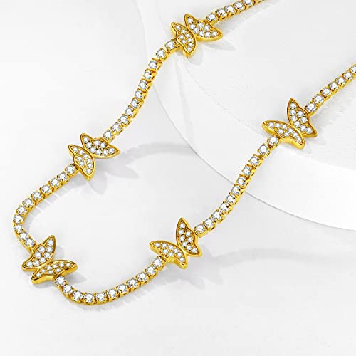 Luxval Tennis Necklace 14K Gold Plated Rhinestone Butterfly Choker Necklaces for women Dainty Zirconia Cut Faux Diamond chain 3mm - color: Gold-butterfly