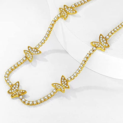 Luxval Tennis Necklace 14K Gold Plated Rhinestone Butterfly Choker Necklaces for women Dainty Zirconia Cut Faux Diamond chain 3mm - color: Gold-butterfly