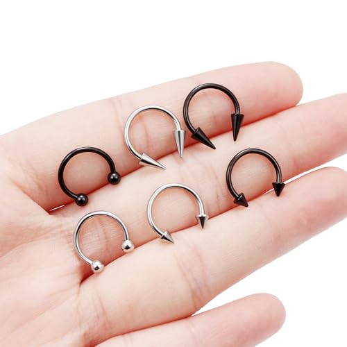 6Pcs Septum Rings 16G Surgical Steel Snake Bite Jewelry Long Spike Horseshoe Lip Rings Smiley Piercing Jewelry for Women Men 8mm 10mm - color: 16g,Diameter:10mm,silvertone+black