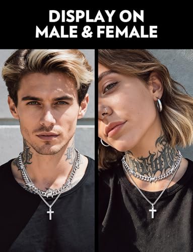 Bandmax Stainless Steel Barbed Wire Cuban Chain Necklace for Men & Women | Edgy Fierce Design, Waterproof & Tarnish Resistant, Silver/Black Tone, 5/7/9/12MM, 16-22 Inches, Street Punk Style Jewelry - color: A4 9MM+Layering Cross-Silver, size: 20 Inch (51c
