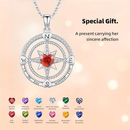 Compass Birthstone Necklace for Women S925 Sterling Silver with Cubic Zirconia - Birthday Jewelry gift for her, Girlfriend, Wife, Mom on Birthday, Anniversary - color: 01 - Garnet