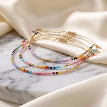 Seed Beaded String Rope Adjustable Bracelets Set for Women Men, Small Colorful Boho Rice 3Pcs Stack Handmade Thin Jewelry, Daily Beach Vacation Friendship Gift - color: Pink Purple H