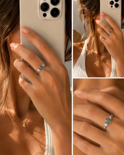Moss Agate Ring for Women Silver Vintage Open Adjustable Green Gemstone | Natural Moss Agate Stone; Unique Green Gemstone Pattern; Vintage Silver Rings Design; Open Adjustable Fit