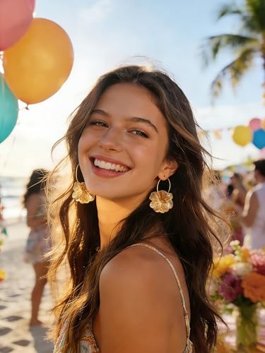 Boho Flower Earrings for Women - Gold/Silver Dangle Statement Earrings - Fun Floral Drop Jewelry with Backs for Droopy Ears - Trendy Gifts - color: Gold