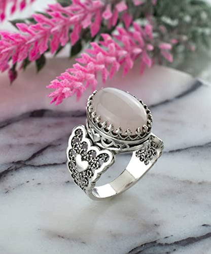 Filigranist 925 Sterling Silver Handcrafted Filigre Art Double Heart Detailed Women Cocktail Ring with Gemstones - color: Rose Quartz