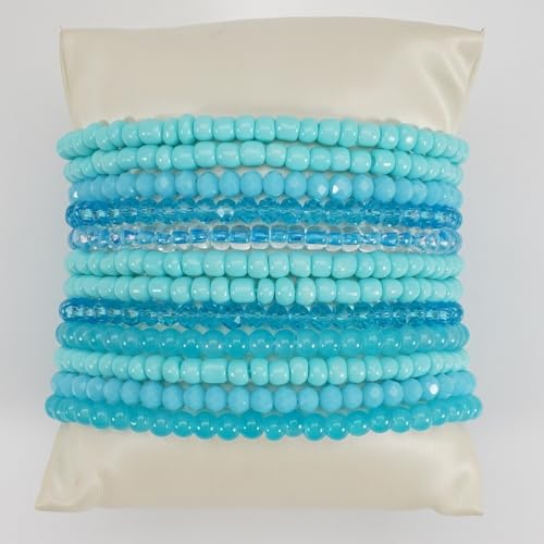 12Pcs Bohemia Multilayer Resin Seed Beaded Stackable Bracelets Colorful Crystal Glass Beads Stretch Bracelet BFF Friendship Elastic Wristbands for Women Men Summer Beach Boho Vacation Jewelry - color: Blue